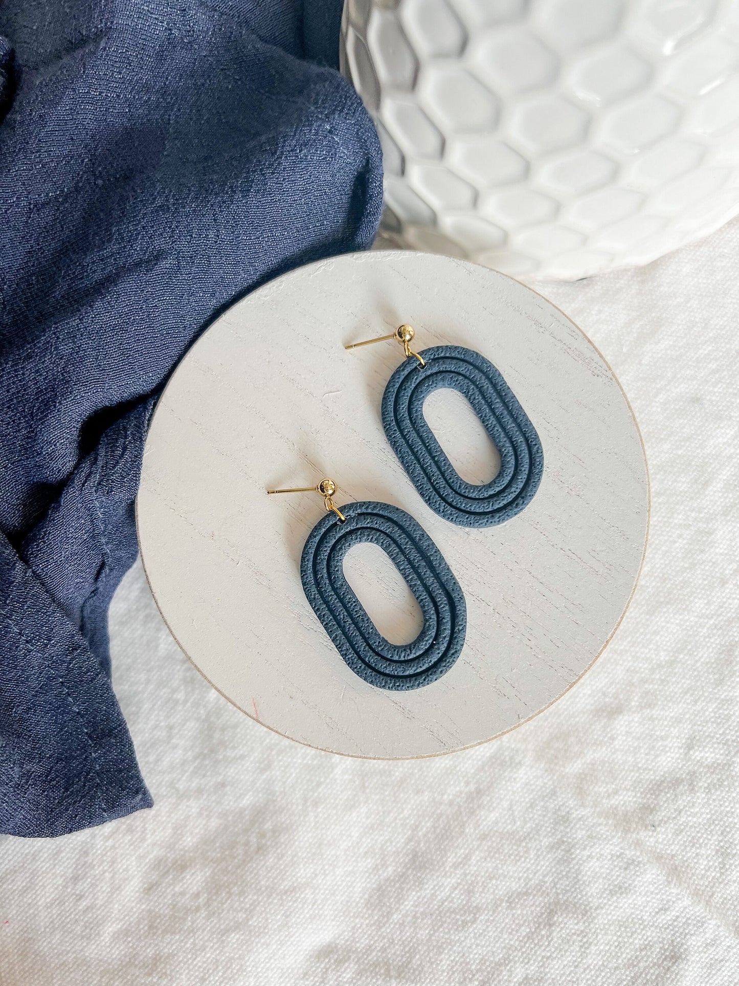 Navy Blue Embossed Oval Polymer Clay Textured Earrings