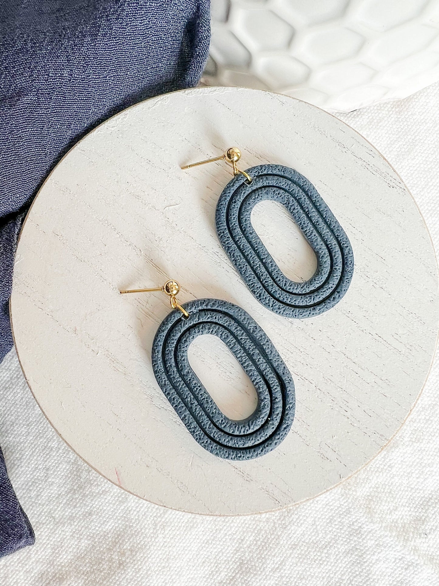 Navy Blue Embossed Oval Polymer Clay Textured Earrings