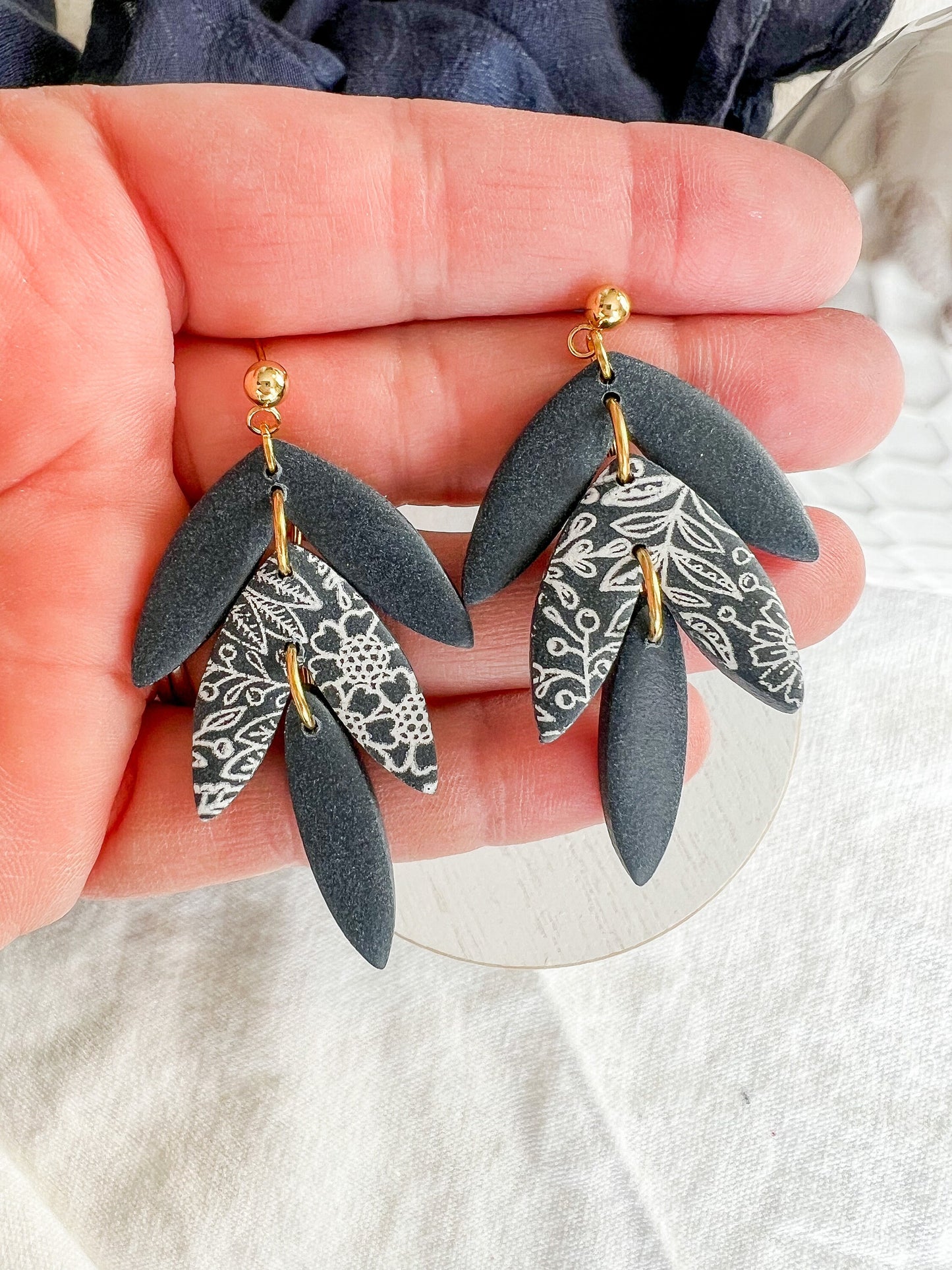 Navy Blue Botanical Leaf Drop Polymer Clay Earrings