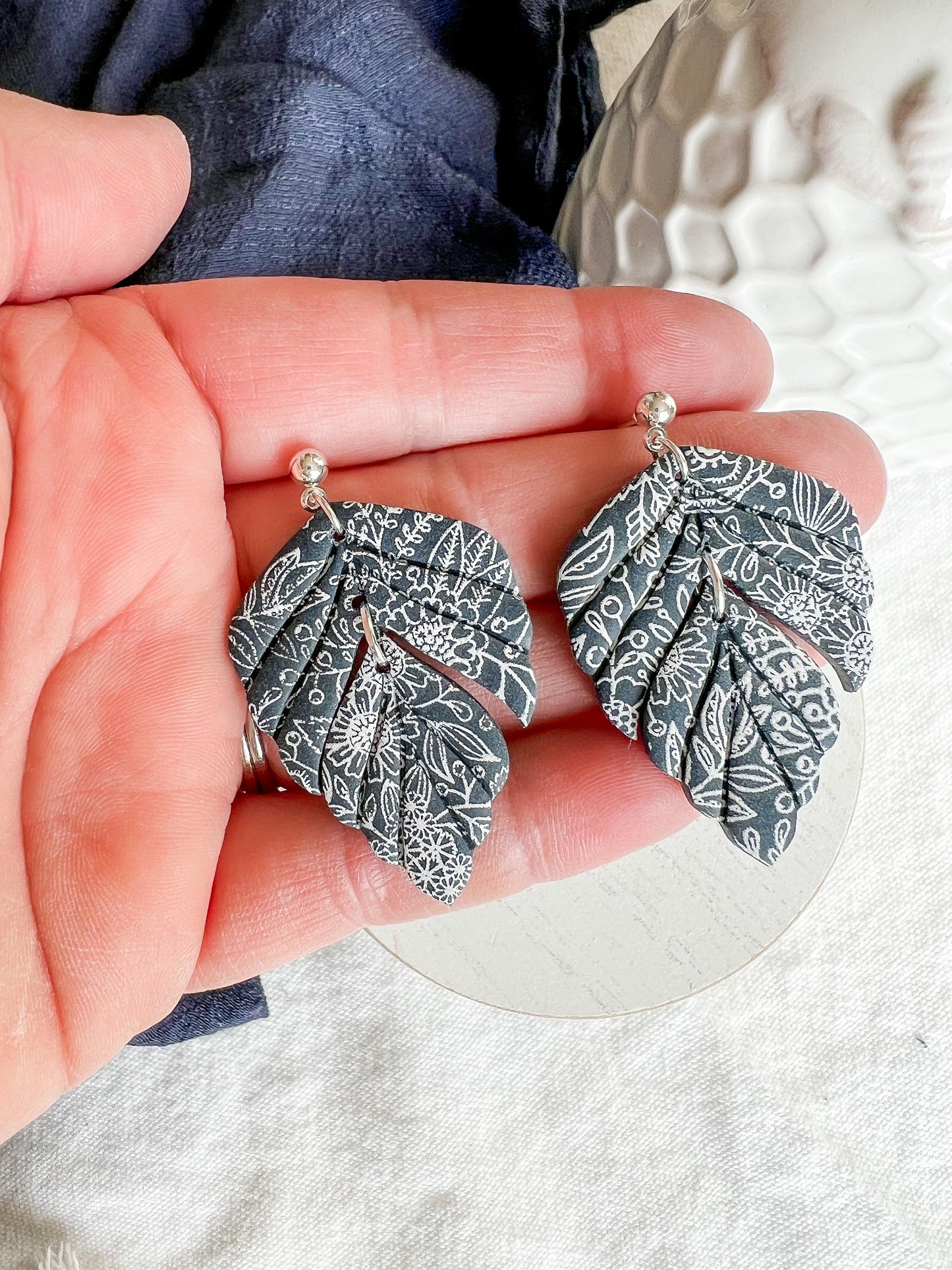 Navy Blue Botanical Foliage Polymer Clay Earrings