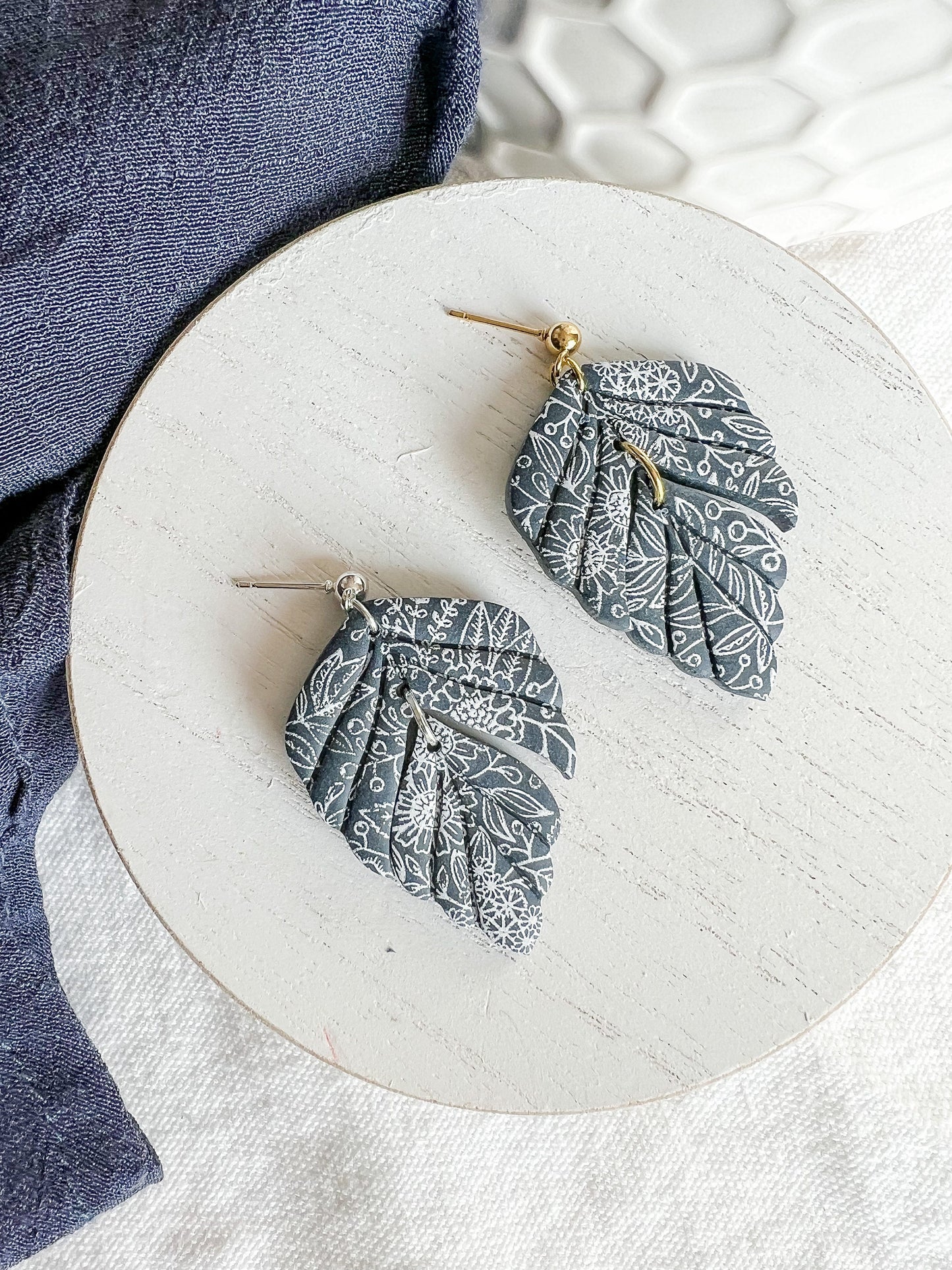 Navy Blue Botanical Foliage Polymer Clay Earrings