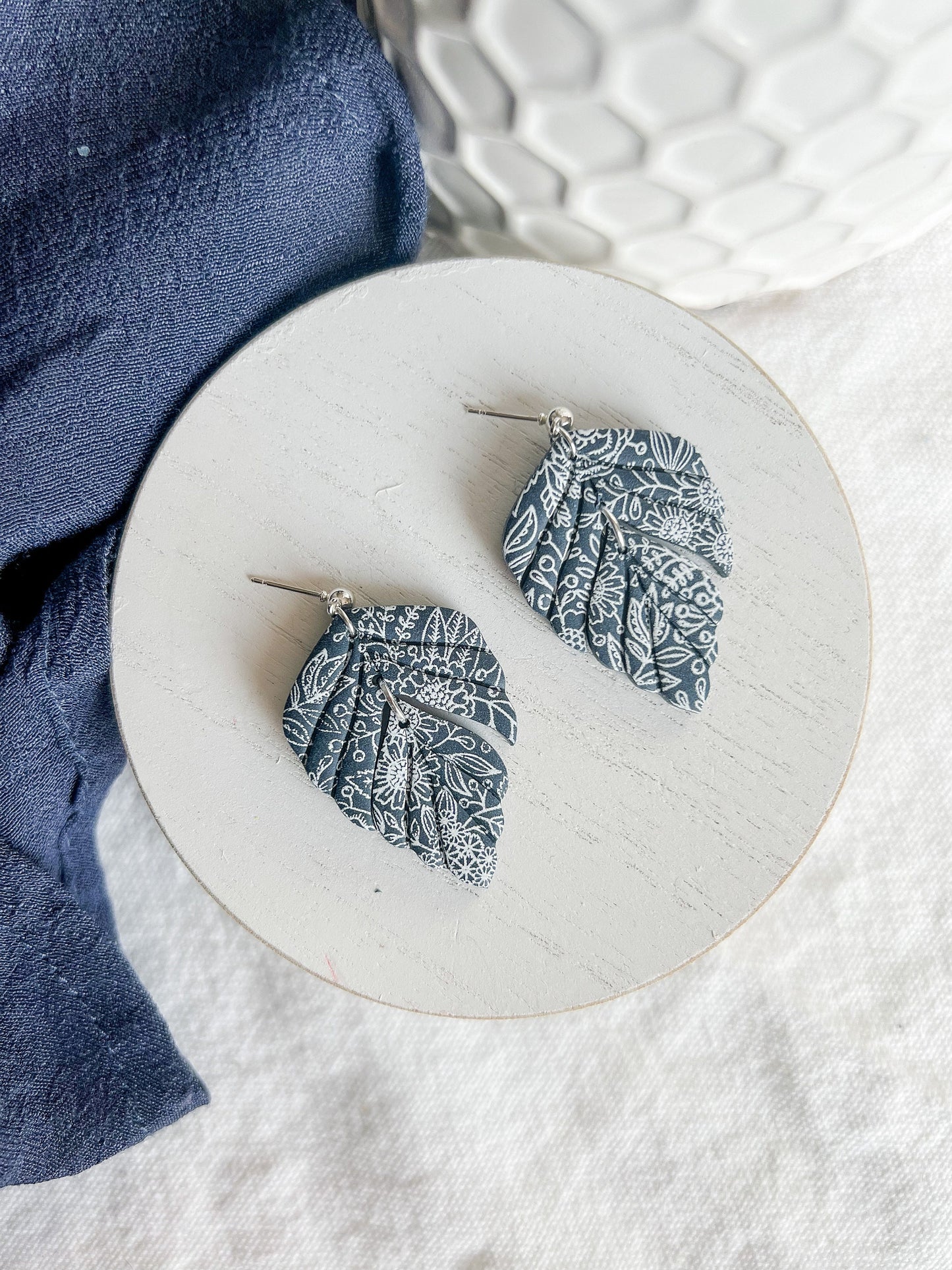 Navy Blue Botanical Foliage Polymer Clay Earrings