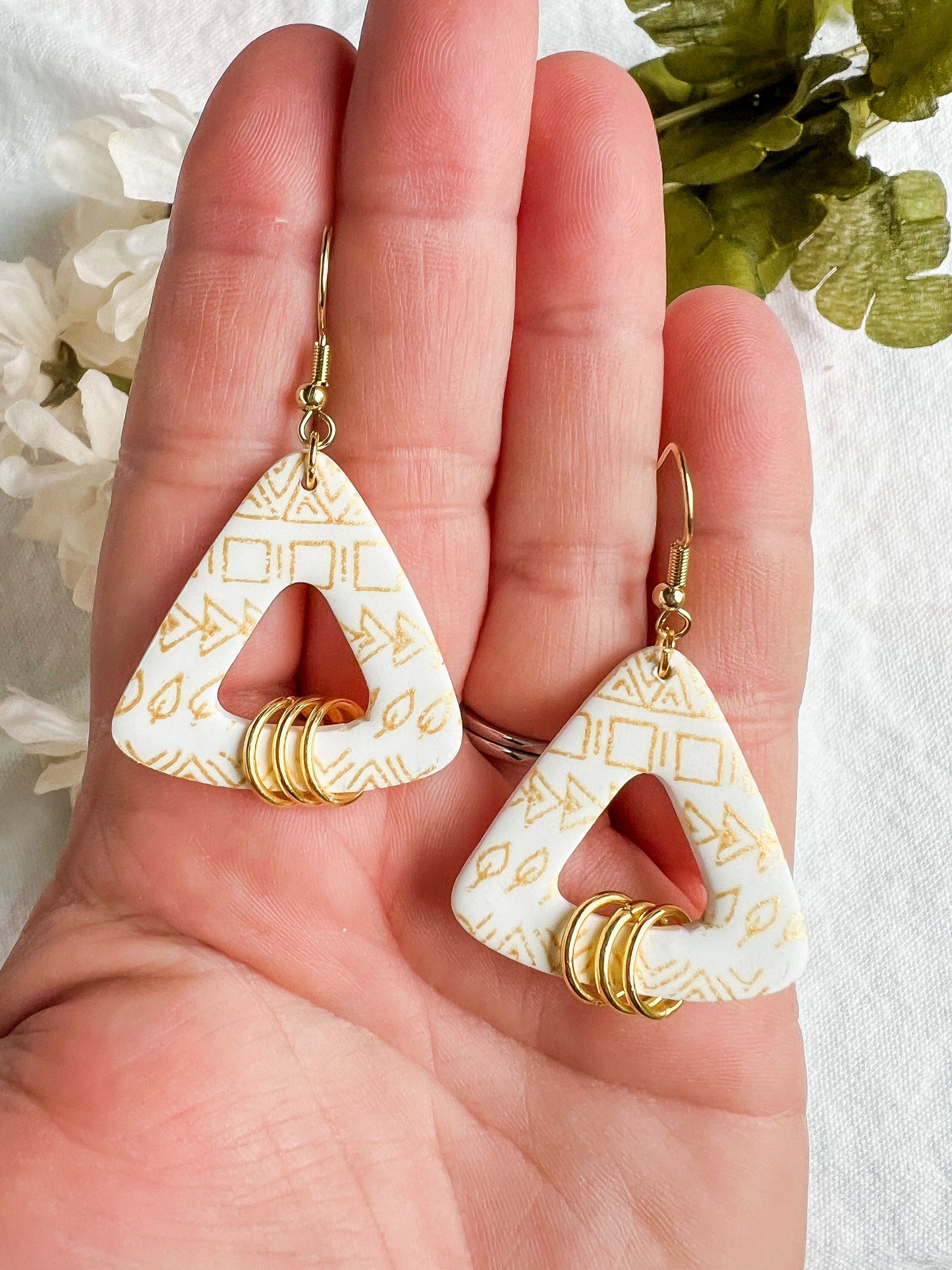 Gold Aztec Mudcloth Triangle Dangles w/ Gold Rings