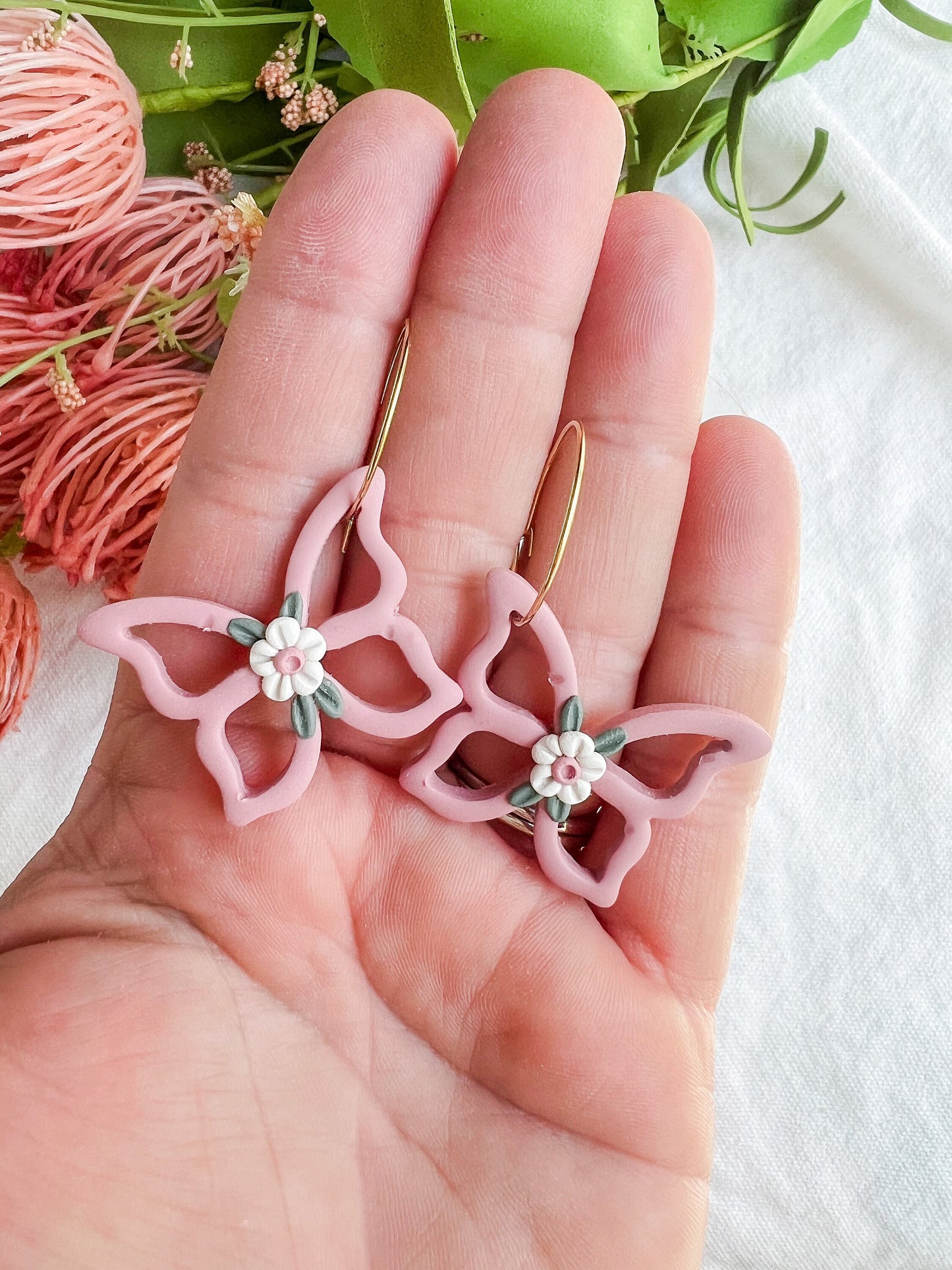 Cutout Soft Pink Floral Butterfly Hoops