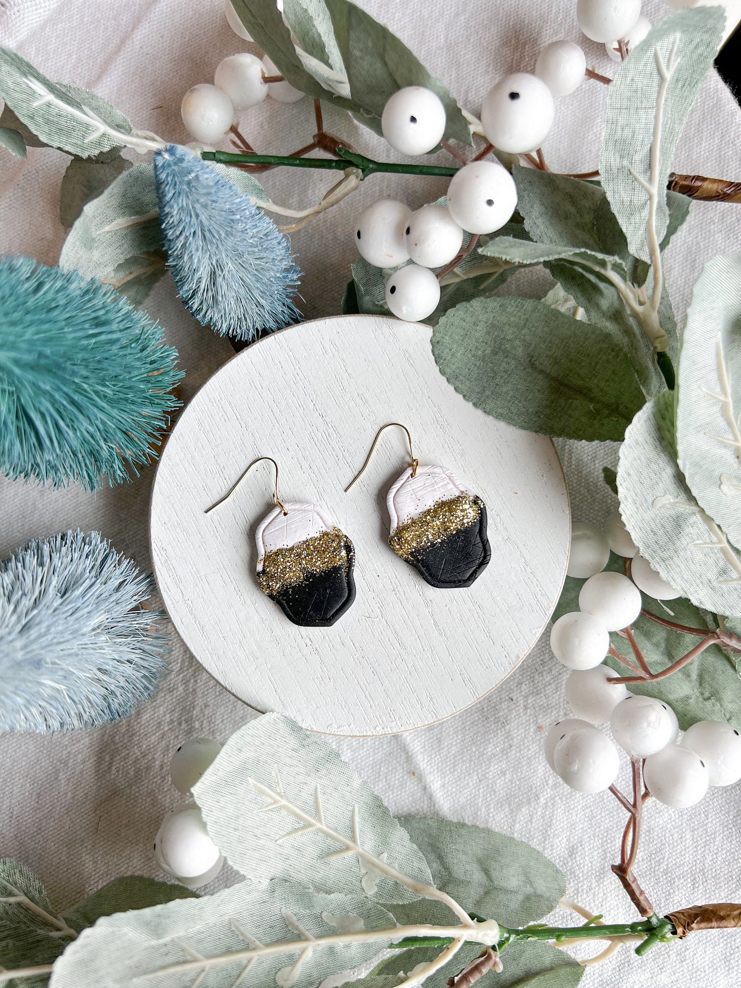 New Year's Eve Black, White and Gold Glitter Dangles