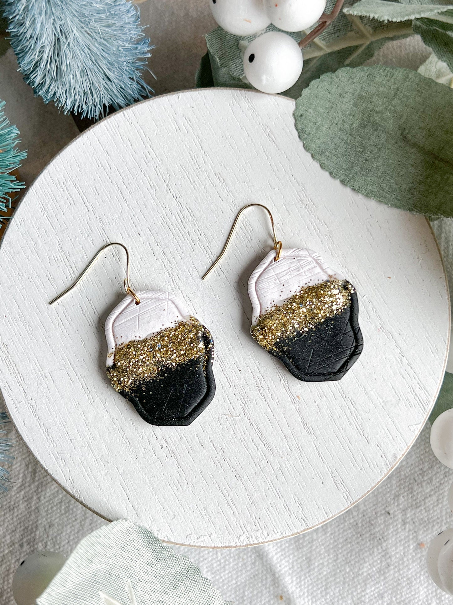 New Year's Eve Black, White and Gold Glitter Dangles