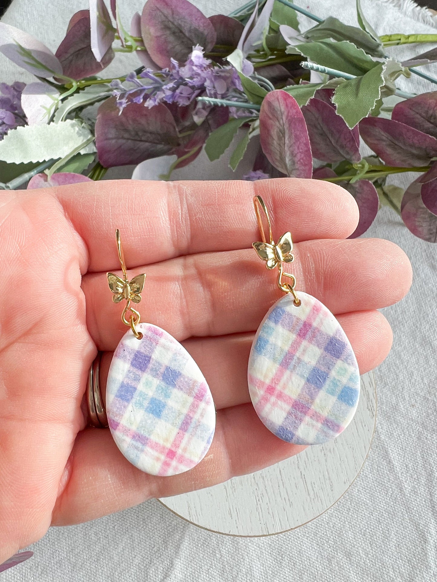 Pastel Plaid Easter Egg Dangles with Gold Butterfly Fishhooks