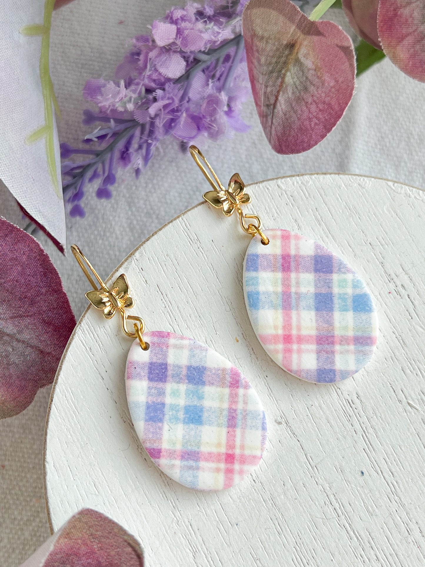 Pastel Plaid Easter Egg Dangles with Gold Butterfly Fishhooks